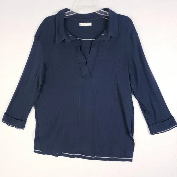 We The Free FP Annie Ribbed Collared Top Pullover Preppy Oversized size S Navy - Picture 3 of 12